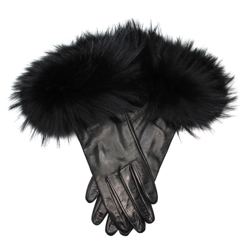 Massive Long lederen dameshandschoenen van vossenbont - Veronique Massive Long Black