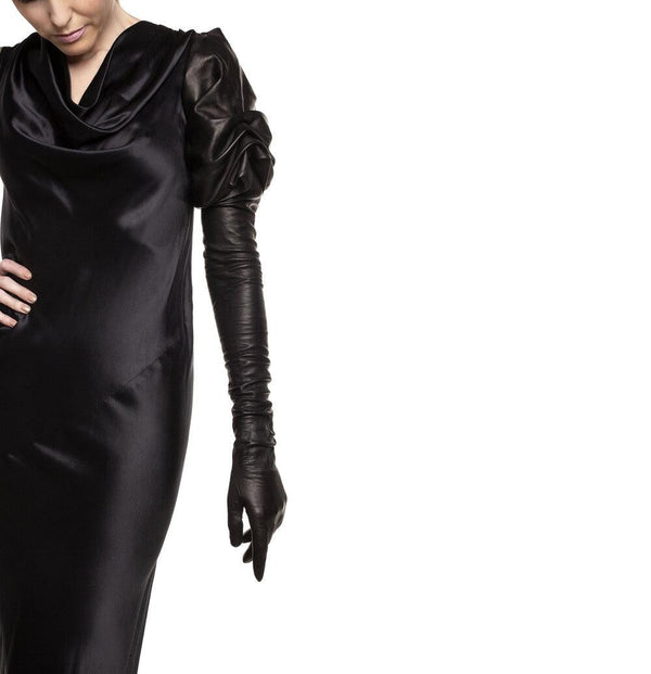 Lange zwarte lederen dameshandschoenen-Lola Faye