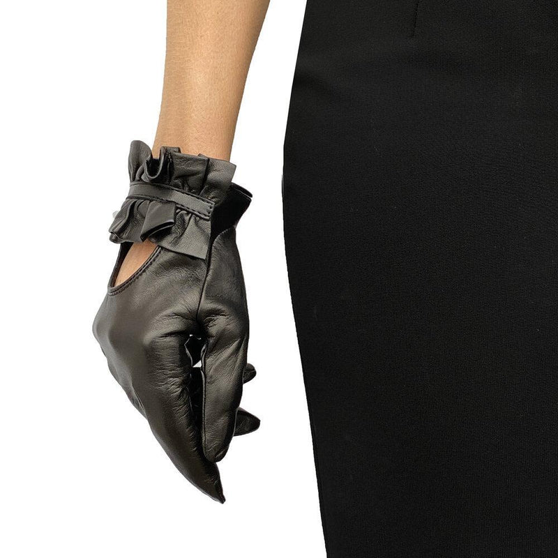 Lamsleren dameshandschoenen van lamsleer met geplooide rugmanchetten-Haylee