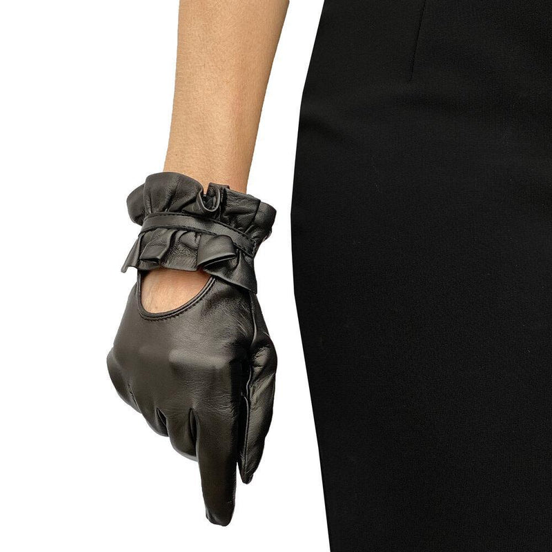 Lamsleren dameshandschoenen van lamsleer met geplooide rugmanchetten-Haylee