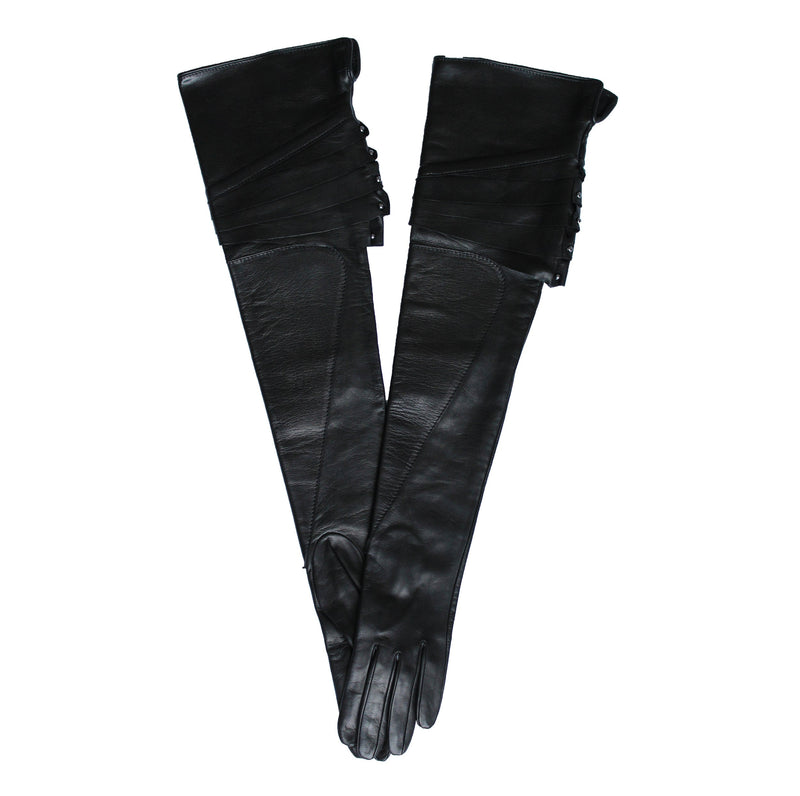 Lange zwarte lederen dameshandschoenen met manchetdetails met studs, Montserrat-klinknagel