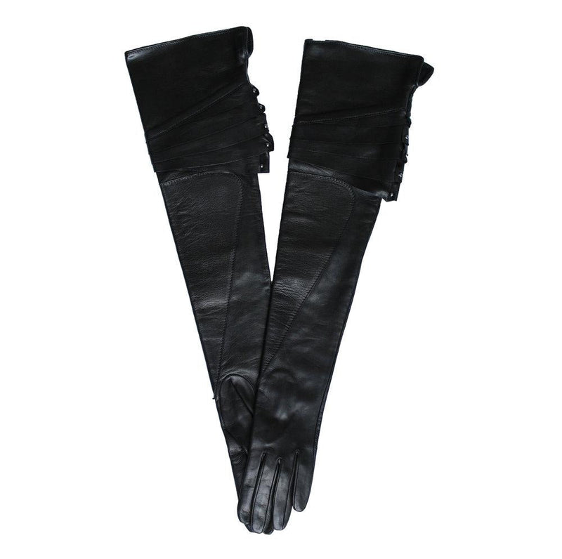Lange zwarte lederen dameshandschoenen met manchetdetails met studs, Montserrat-klinknagel