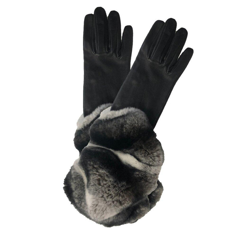Zwart leren dameshandschoenen met spectaculaire manchet van konijnenbont - Veronique Rex