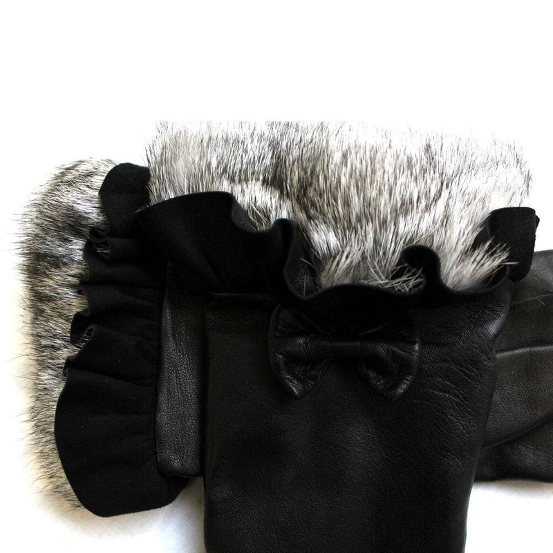 Zijden gevoerde leren dameshandschoenen met manchetten van konijnenbont - Veronique Minnie Frill