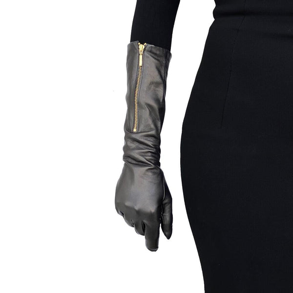 Leren dameshandschoenen met rits tot ellebooglengte, Jacqueline 8BT