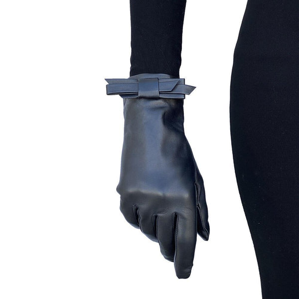 Dameshandschoenen van zwart leer met klassieke strik-meryl