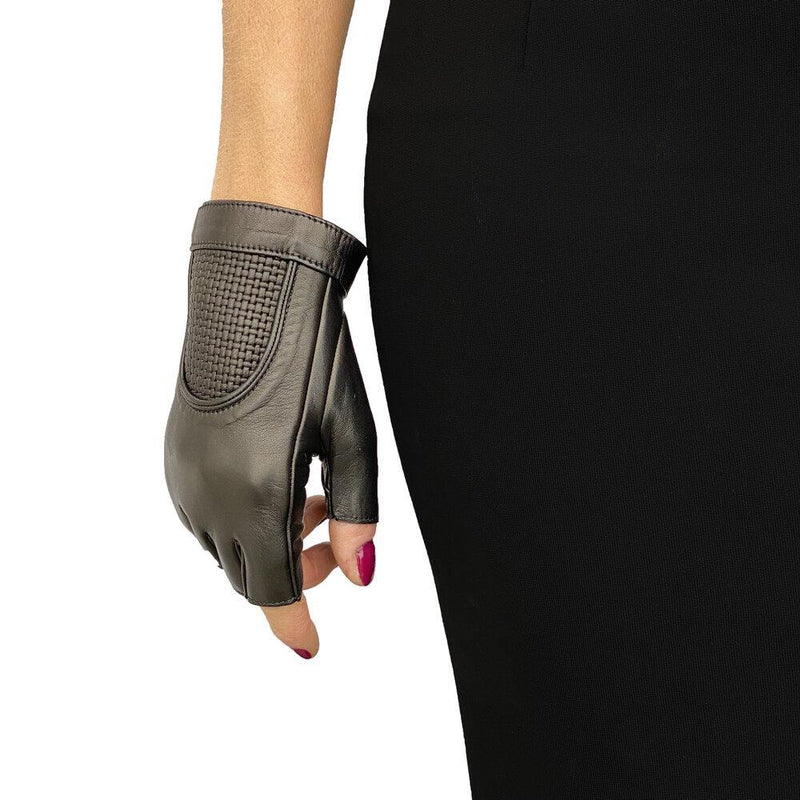 Vingerloze lederen autohandschoenen voor dames, Rachel geweven
