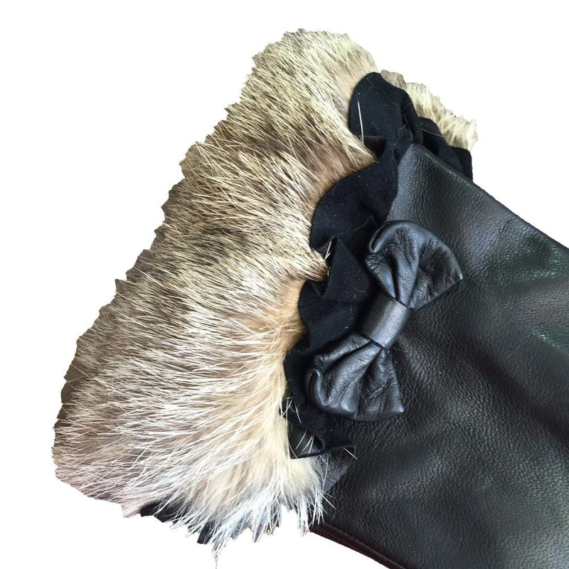 Zijden gevoerde leren dameshandschoenen met manchetten van konijnenbont - Veronique Minnie Frill