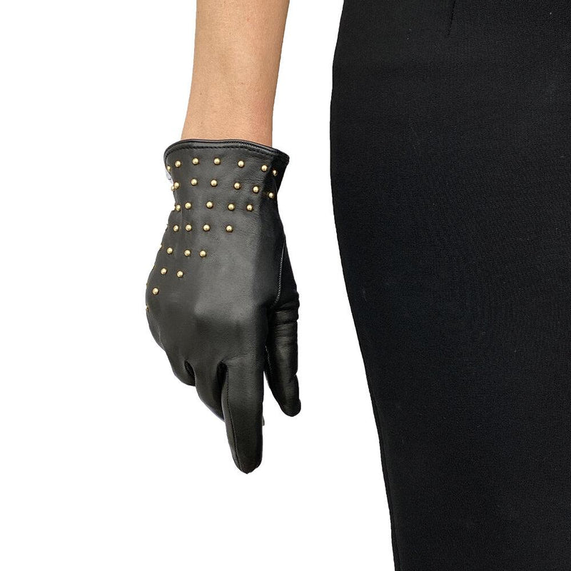 Leren dameshandschoenen met studs en gerimpelde polsmanchetten-Winnie Wood