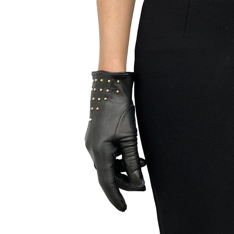 Leren dameshandschoenen met studs en gerimpelde polsmanchetten-Winnie Wood