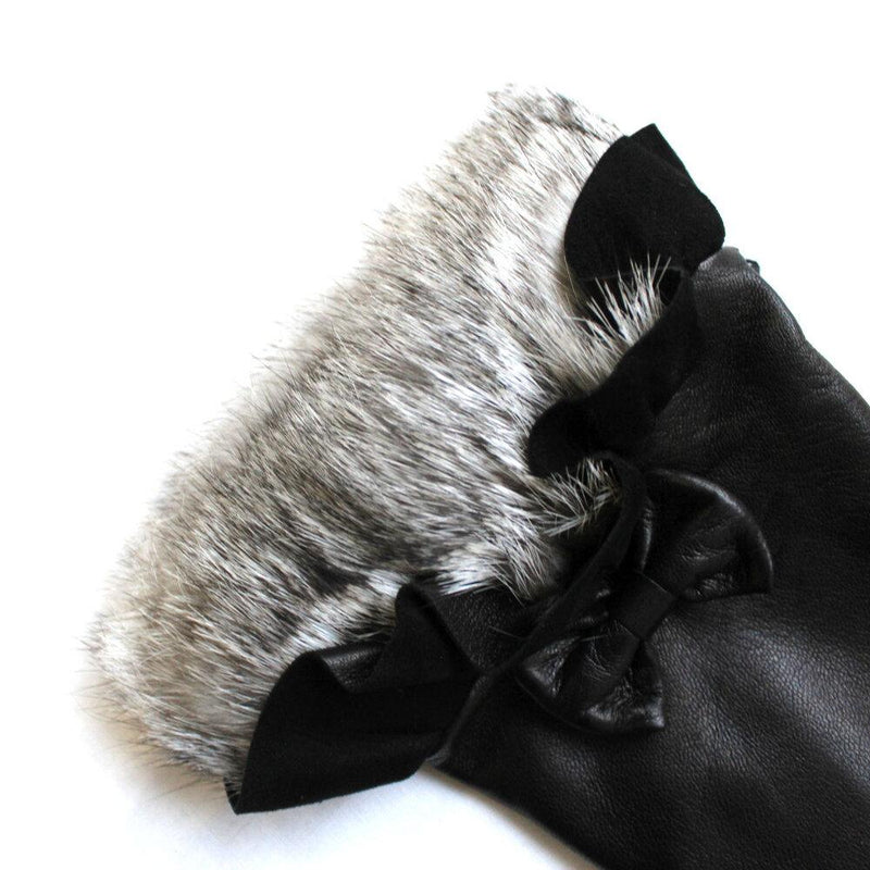 Zijden gevoerde leren dameshandschoenen met manchetten van konijnenbont - Veronique Minnie Frill