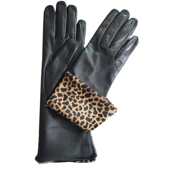 Dames Zwart Italiaans Leren handschoenen met Leopard Cuffs-Francesca Cuff