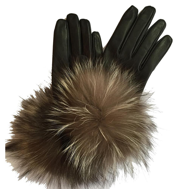 Zijden gevoerde leren dameshandschoenen met pom pom van vossenbont-Veronique pom pom
