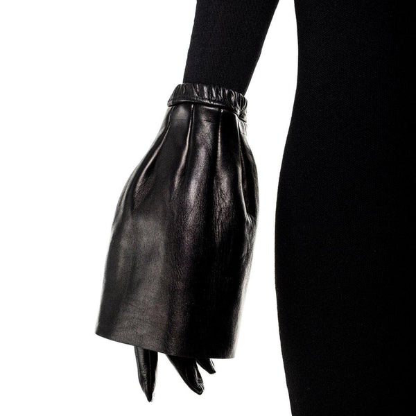 Klassieke zwarte lederen dameshandschoenen met wijd uitlopende manchet-Molly